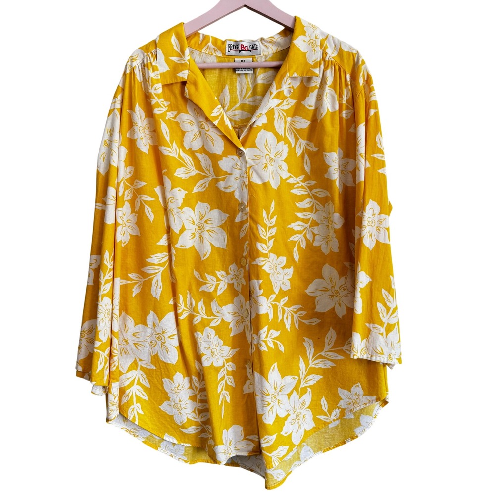 Bridge Gate Yellow White Floral Cotton Button Down Shirt Plus Size B4/3XL Summer